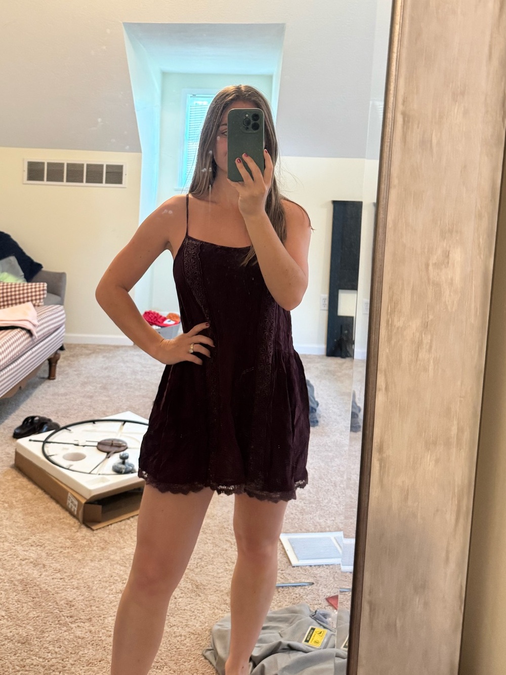 Altar'd State Burgundy Lace Trim Spaghetti Strap mini sun Dress, S